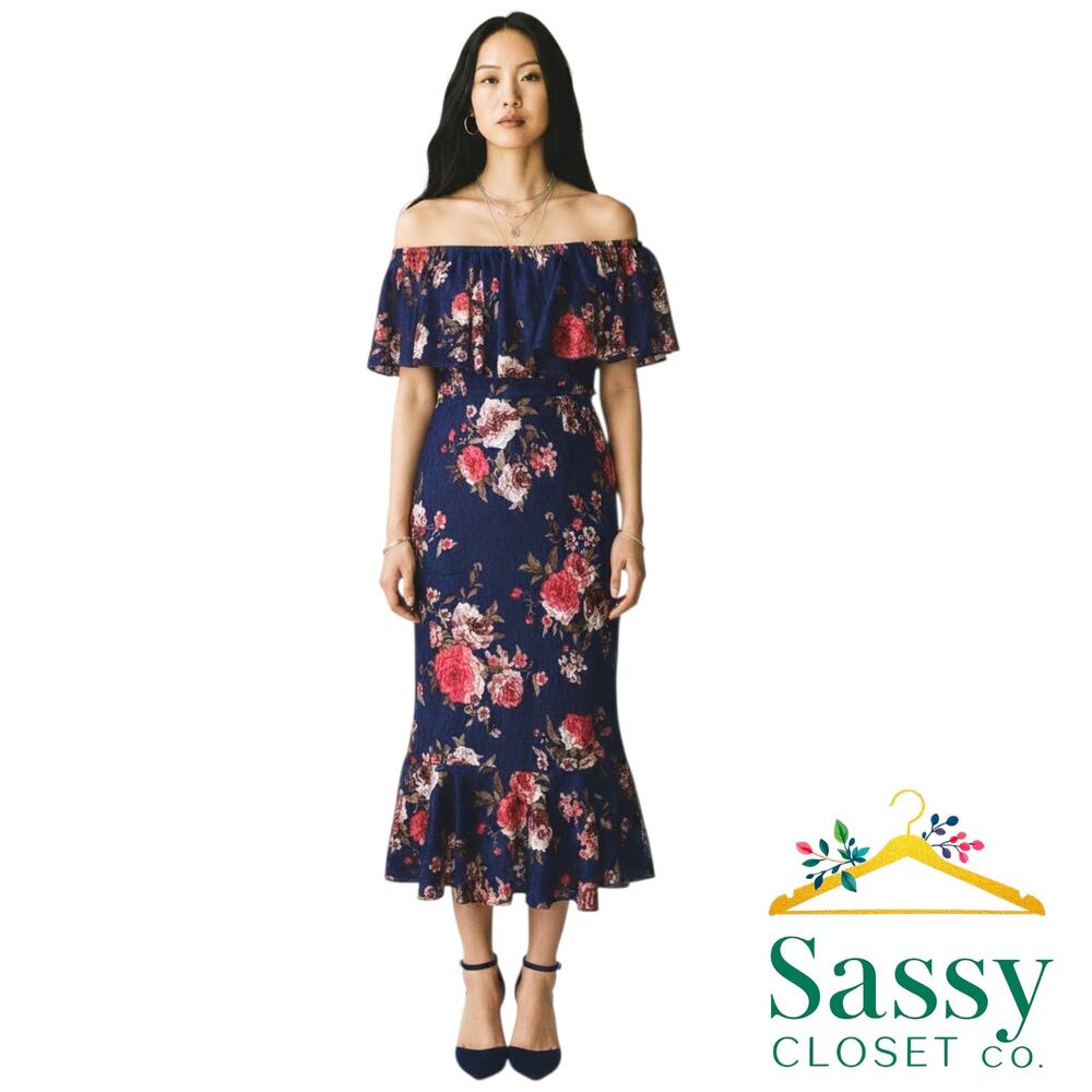 LULAROE Navy Pink Floral Velvet Ruffle Maxi Dress 2X Off Shoulder EUC
